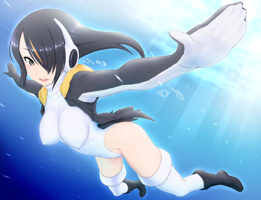 1girl black_boots black_hair boots breasts brown_eyes commentary_request emperor_penguin_(kemono_friends) erect_nipples freediving full_body hair_over_one_eye headphones highleg highleg_leotard hood hoodie jacket kemono_friends kurokaji large_breasts leotard long_hair looking_at_viewer open_mouth outstretched_arms solo sunlight swimming thigh-highs underwater white_legwear white_leotard