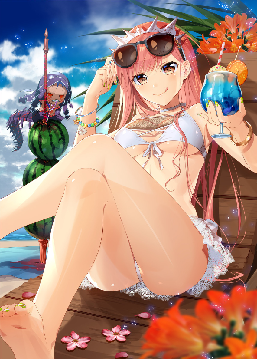 2girls :q adjusting_sunglasses barefoot beach bikini blue_sky blurry breasts brown_eyes clouds cloudy_sky cocktail cup day depth_of_field drinking_glass fate/grand_order fate_(series) feet food fruit green_nails hand_up highres holding_glass legs legs_crossed long_hair medb_(fate/grand_order) medium_breasts multiple_girls murakami_yuichi nail_polish outdoors pink_hair sitting sky solo_focus sunglasses sunglasses_on_head swimsuit thighs toenail_polish toes tongue tongue_out under_boob watermelon white_bikini