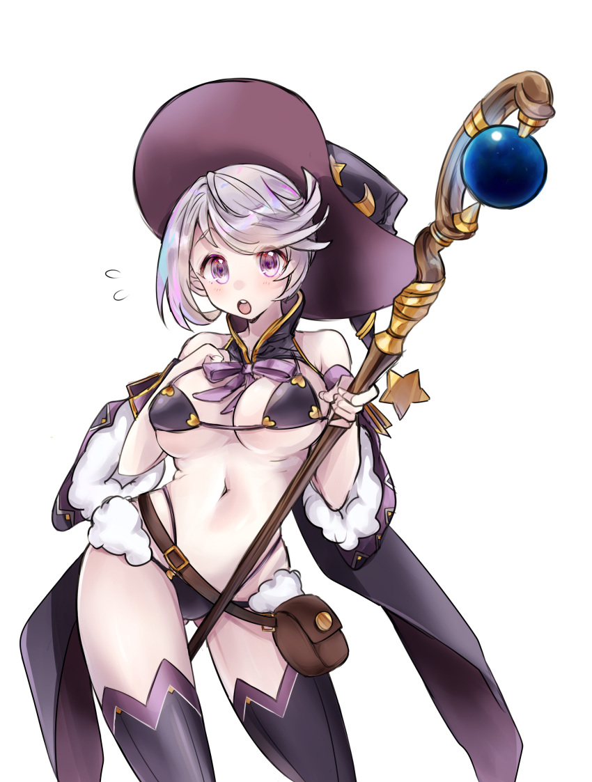 1girl absurdres aishan_(aaaishan) bag bare_shoulders bikini bikini_warriors black_bikini breasts cape detached_sleeves fur_trim hat highres large_breasts lavender_hair looking_at_viewer mage_(bikini_warriors) moon navel open_mouth pouch short_hair solo staff star swimsuit thigh-highs under_boob violet_eyes witch_hat