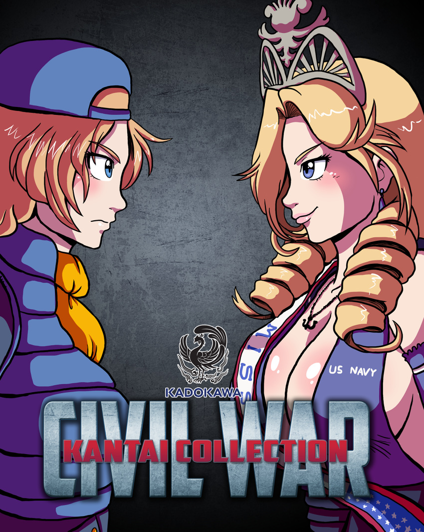 2girls anchor_necklace backwards_hat blonde_hair blue_dress blue_eyes breasts captain_america_civil_war cleavage commentary darkyamatoman dress drill_hair earrings elbow_gloves eye_contact glaring gloves hat highres jewelry kadokawa kantai_collection large_breasts looking_at_another marvel multiple_girls namesake neckerchief new_jersey_(belated_battleships) new_jersey_(pacific) original pacific parody puffer_jacket smirk tiara vest