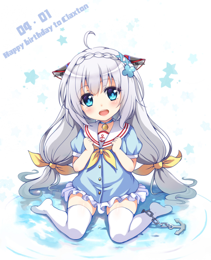 ahoge animal_ears bell bell_collar blue_dress blue_eyes blush braid buttons claxton_(zhan_jian_shao_nyu) clenched_hands collar crown_braid dress english eyebrows_visible_through_hair fake_animal_ears grey_hair hair_ornament hairband hands_on_own_chest hasu_(velicia) highres long_hair looking_at_viewer no_shoes open_mouth pleated_dress sailor_collar simple_background sitting sitting_on_lap sitting_on_person smile star thigh-highs white_legwear zhan_jian_shao_nyu