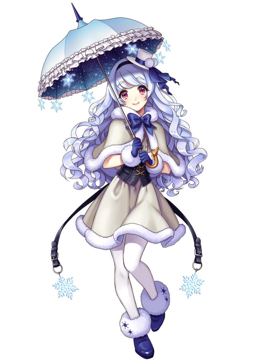 1girl absurdres blue_boots blue_gloves boots curly_hair full_body fur_trim gloves hairband hat highres long_hair looking_at_viewer original pantyhose parasol personification pink_eyes snowflakes solo umabi umbrella white_hair white_hat white_legwear