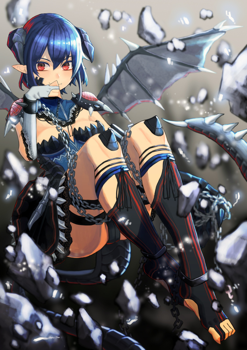 1girl absurdres artist_request black_hair bridal_gauntlets chains claws cuffs dragon_girl dragon_horns dragon_tail dragon_wings earrings floating_rock hand_to_own_mouth highres horns jewelry original red_eyes rock scales short_hair shoulder_pads skirt smile tail toeless_socks wings