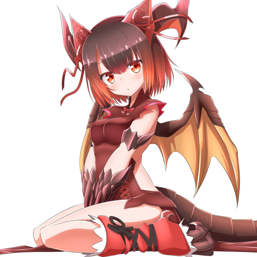 alternate_color alternate_eye_color alternate_hair_color bare_legs black_hair breasts claws dragon_girl dragon_horns dragon_tail gradient_hair highres horn_ribbon horns lilium0235 medium_breasts multicolored_hair myr_(p&amp;d) puzzle_&amp;_dragons red_eyes redhead ribbon scales tagme tail white_background wings