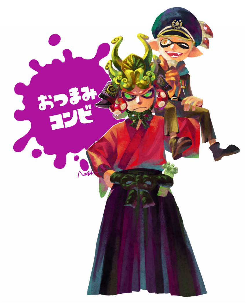 +_+ 2boys armor beard carrying commander_atarime dj_takowasa domino_mask facial_hair fangs green_sclera hakama hand_on_hip hat helmet highres japanese_armor japanese_clothes kabuto kimono male_focus mask multiple_boys nkraae octarian official_style peaked_cap redhead scarf shoulder_carry silver_hair simple_background smile splatoon tentacle_hair topknot violet_eyes wasabi white_background yellow_eyes younger