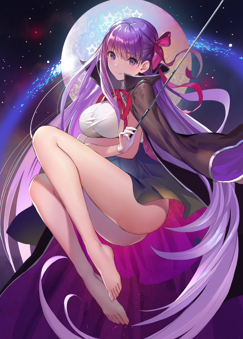 &gt;:) 1girl absurdres baby-doll bangs bare_legs barefoot bb_(fate/extra_ccc) black_jacket breast_hold breasts closed_mouth eyebrows_visible_through_hair fate/extra fate/extra_ccc fate_(series) floating full_body gloves hair_ribbon highres jacket jacket_on_shoulders large_breasts light_particles long_hair long_sleeves looking_at_viewer moon open_clothes open_jacket pink_ribbon purple_hair ribbon smile solo straight_hair tareme very_long_hair violet_eyes white_gloves