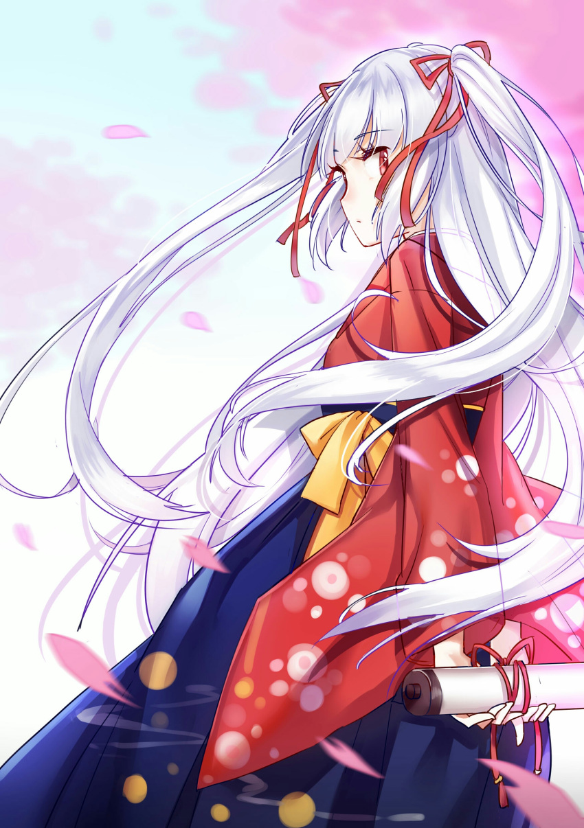 1girl absurdres aer_(tengqiu) blue_dress closed_mouth dress essex_(zhan_jian_shao_nyu) eyebrows_visible_through_hair eyelashes from_side hair_ribbon hakama highres holding japanese_clothes kimono long_hair looking_at_viewer looking_back orange_eyes petals profile red_clothes red_ribbon ribbon scroll simple_background two-handed white_hair zhan_jian_shao_nyu