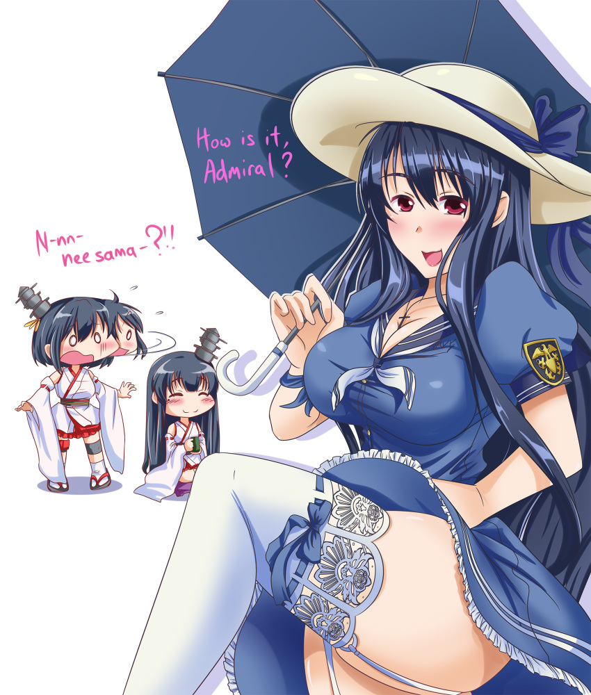 3girls ^_^ alternate_costume black_hair blue_dress blush breasts chibi cleavage closed_eyes commentary confused cosplay costume_switch cup detached_sleeves dress english fusou_(kantai_collection) fusou_(kantai_collection)_(cosplay) garter_straps hair_ornament hat highres holding holding_cup holding_umbrella iowa_(pacific) iowa_(pacific)_(cosplay) japanese_clothes jewelry kantai_collection kuon_(nokokopopo)_(style) lace lace-trimmed_dress lace-trimmed_thighhighs large_breasts long_hair look-alike looking_at_another looking_at_viewer mole mole_under_eye multiple_girls necklace nontraditional_miko o_o one_leg_raised open_mouth pacific parody red_eyes ribbon-trimmed_legwear ribbon_trim sailor_dress sandals seiza short_hair sitting smile socks solid_oval_eyes style_parody sun_hat thigh-highs umbrella white_legwear yamashiro_(kantai_collection) yunomi