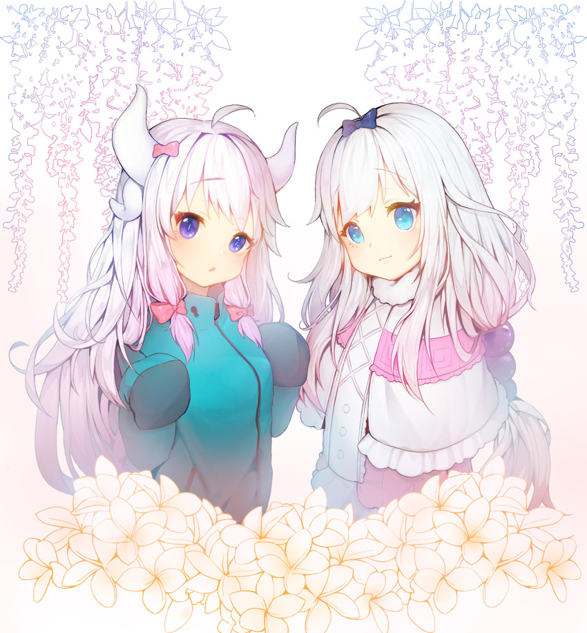 2girls blue_eyes bow cosplay costume_switch crossover dragon_girl dragon_horns eromanga_sensei hair_bow highres horns izumi_sagiri izumi_sagiri_(cosplay) jacket kanna_kamui kanna_kamui_(cosplay) kobayashi-san_chi_no_maidragon lavender_hair long_hair look-alike looking_at_viewer multiple_girls pink_bow revision sleeves_past_wrists tp_(kido_94) violet_eyes white_hair