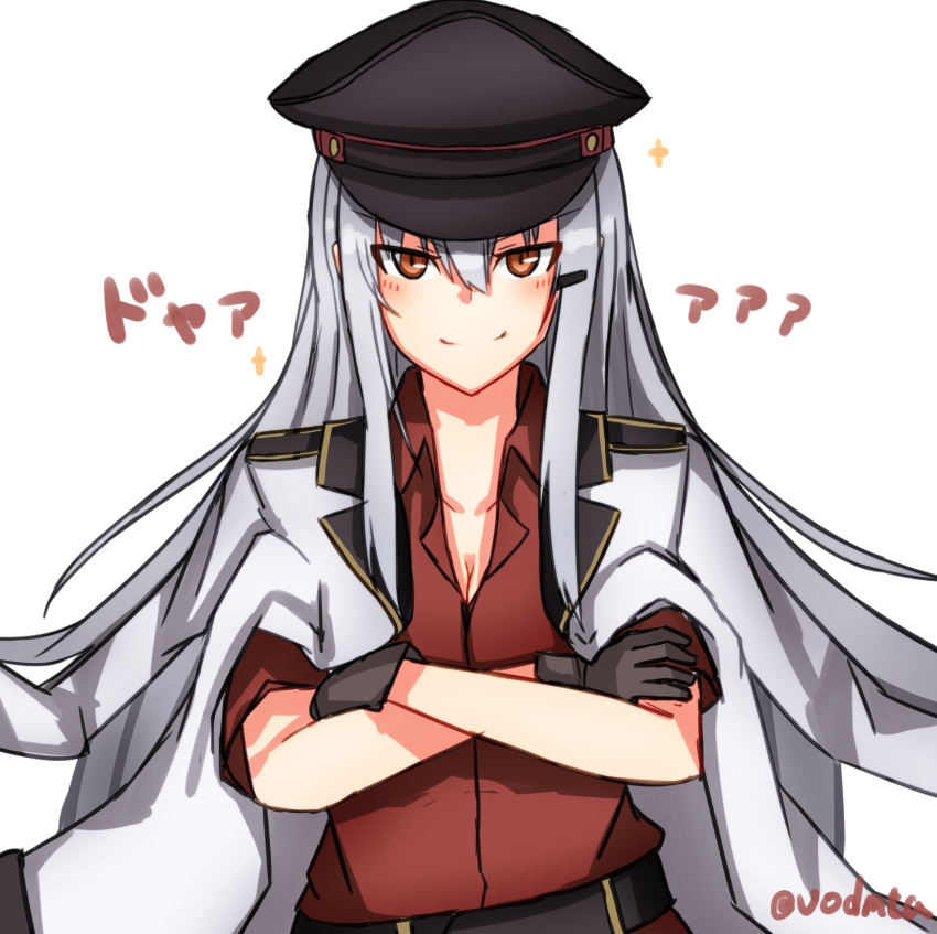 1girl belt black_gloves breasts gangut_(kantai_collection) gloves grey_hair hat highres long_hair long_sleeves looking_at_viewer military military_hat military_jacket military_uniform nomad orange_eyes red_skirt remodel_(kantai_collection) skirt smile solo uniform