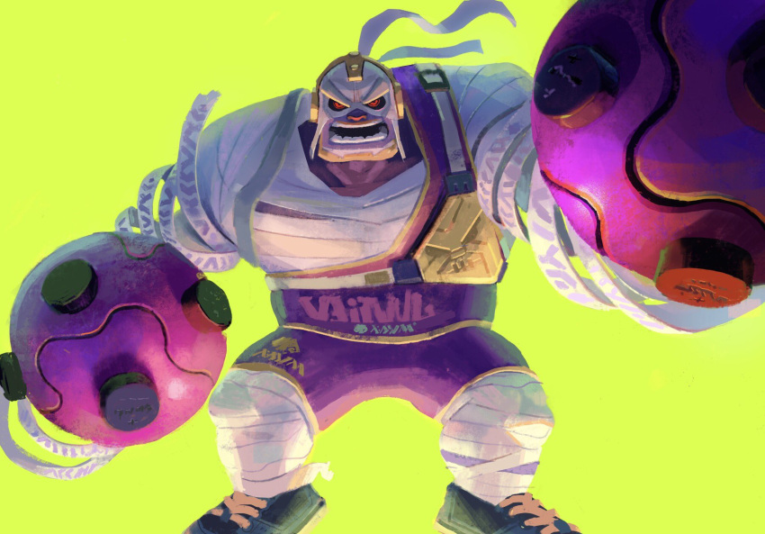 04_(nature_1) 1boy al_bhed_eyes arms_(game) boxing_gloves full_body green_background highres male_focus master_mummy_(arms) megaton_(arms) monster_boy mummy open_mouth orange_eyes shoes simple_background sneakers solo wrestling_outfit
