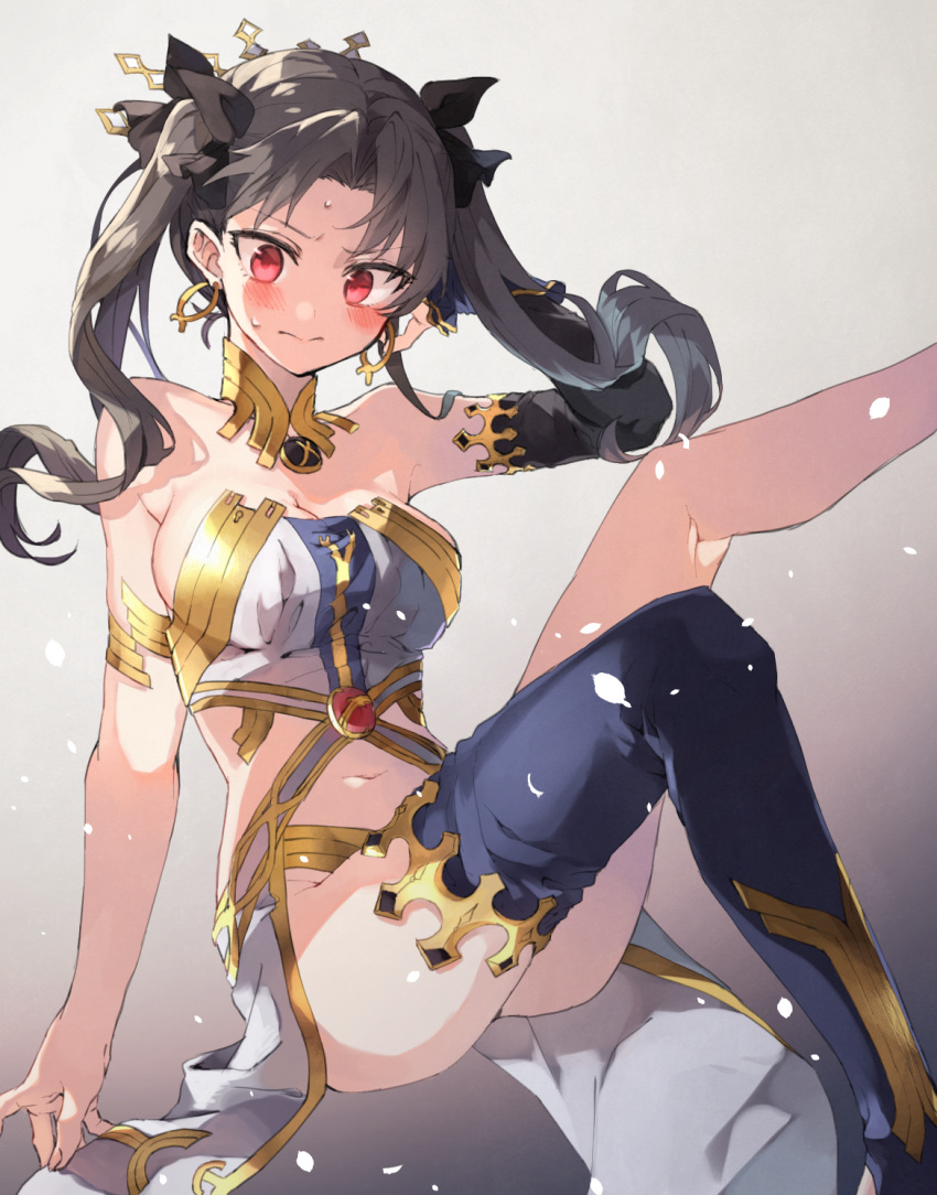 1girl armlet bare_shoulders black_hair black_ribbon blush breasts chibirisu cleavage commentary_request crown detached_sleeves earrings fate/grand_order fate_(series) floating_hair gradient gradient_background hair_ribbon hand_in_hair highres hoop_earrings ishtar_(fate/grand_order) jewelry leg_up long_hair medium_breasts midriff navel parted_lips red_eyes ribbon sideboob single_sleeve single_thighhigh sitting solo sweat thigh-highs tohsaka_rin two_side_up