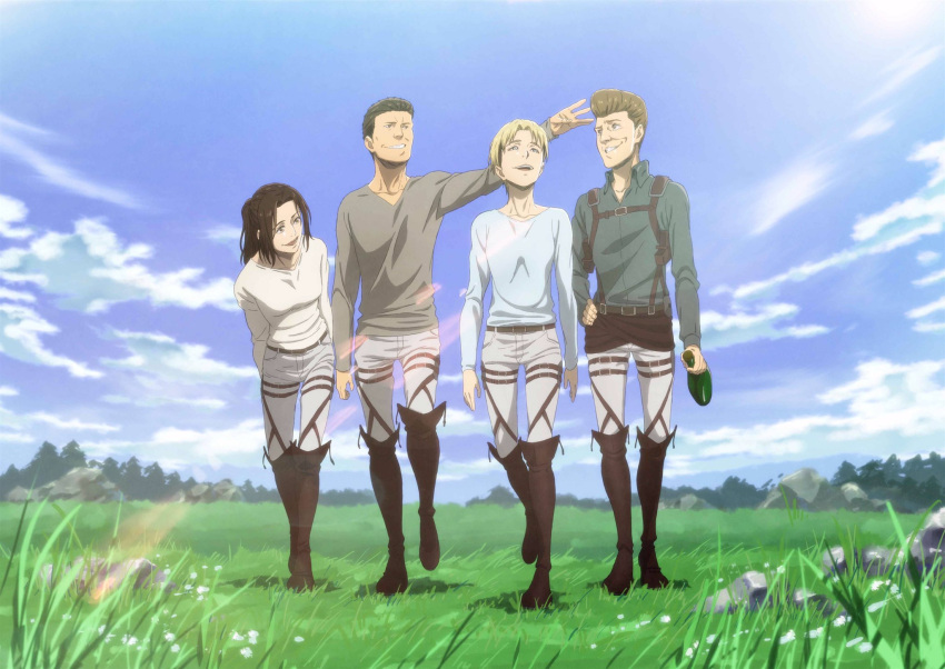 2boys 2girls :d arm_up blonde_hair boots bottle brown_boots brown_hair brown_shirt clouds cloudy_sky collared_shirt commentary commentary_request dress_shirt field flower forest gelgar_(shingeki_no_kyojin) grass grey_pants henning_(shingeki_no_kyojin) highres holding holding_bottle holster leaning_forward lens_flare looking_at_another looking_up lynne_(shingeki_no_kyojin) military military_uniform multiple_boys multiple_girls nanaba nature official_art open_mouth outdoors pants rock shingeki_no_kyojin shirt short_hair sky smile suspenders thigh_holster tree uniform walking white_shirt