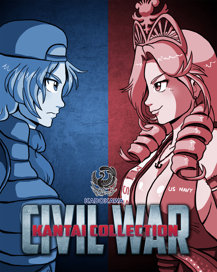 2girls anchor_necklace backwards_hat breasts captain_america_civil_war cleavage commentary darkyamatoman dress drill_hair earrings elbow_gloves eye_contact glaring gloves hat highres jewelry kadokawa kantai_collection large_breasts limited_palette looking_at_another marvel multiple_girls namesake neckerchief new_jersey_(belated_battleships) new_jersey_(pacific) original pacific parody puffer_jacket smirk tiara vest