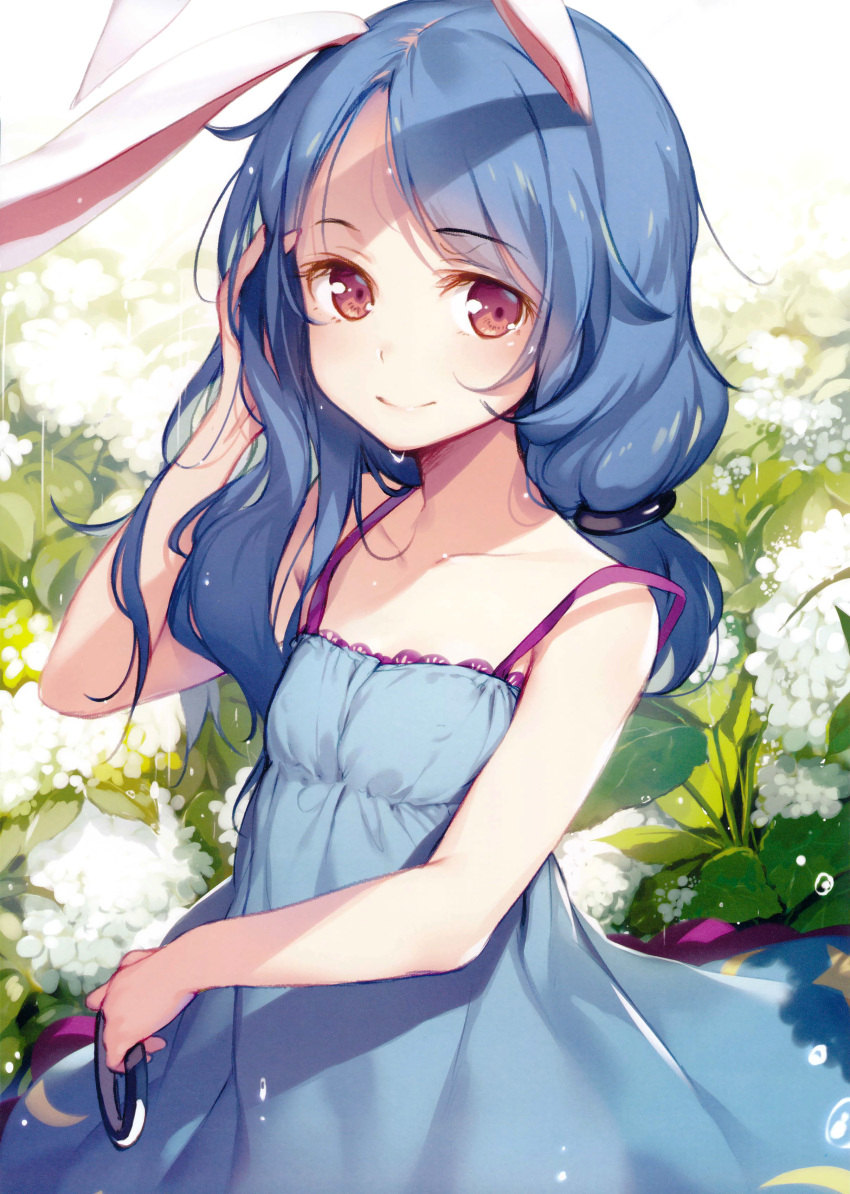 1girl absurdres adjusting_hair animal_ears arm_up bangs bare_arms bare_shoulders blue_dress blue_hair blush closed_mouth collarbone day dress erect_nipples eyebrows_visible_through_hair flat_chest hair_down hand_in_hair highres holding ke-ta long_hair looking_at_viewer low-tied_long_hair rabbit_ears red_eyes scan seiran_(touhou) shadow short_hair smile solo strap_slip sunlight swept_bangs tareme touhou translated upper_body