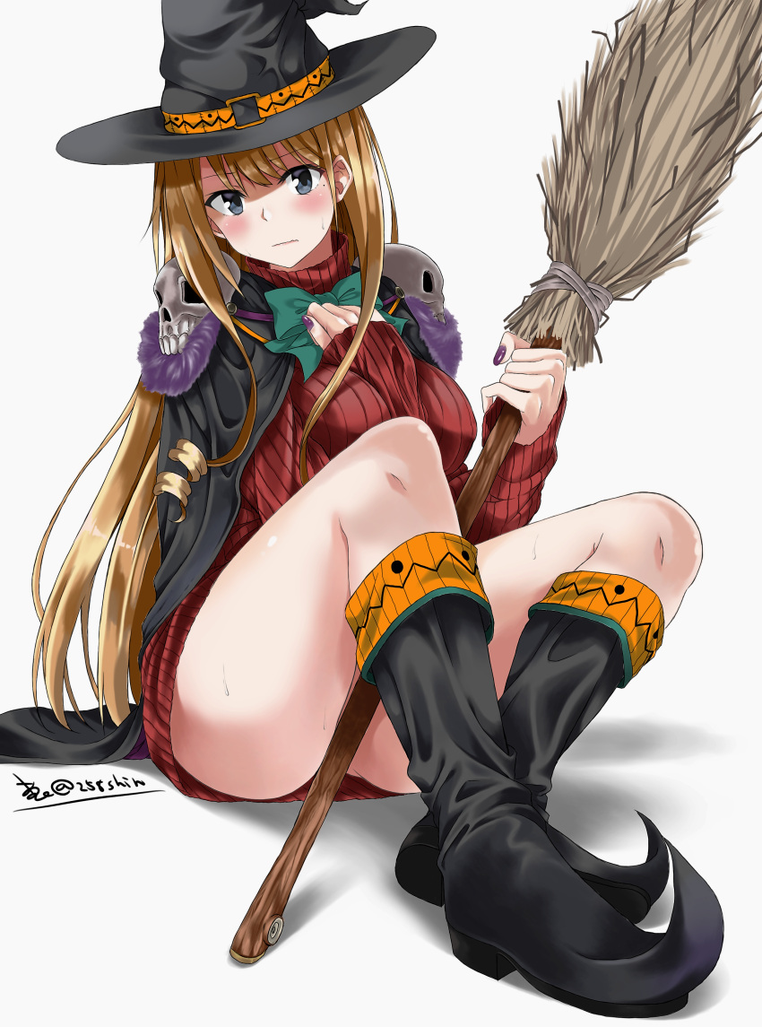 1girl absurdres amu_(258shin) artist_name ass between_breasts blonde_hair blush boots breasts broom cape dress erect_nipples full_body grey_eyes halloween hand_between_breasts hat highres large_breasts long_hair looking_at_viewer nail_polish no_panties original pointy_shoes purple_nails red_sweater ribbed_sweater shoes sitting skull solo sweat sweater sweater_dress thighs very_long_hair wavy_mouth witch witch_hat