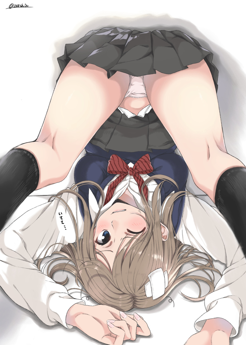 1girl absurdres amu_(258shin) black_legwear black_skirt blue_eyes blue_sweater blush bow bowtie brown_hair clenched_teeth commentary_request dress_shirt eyebrows_visible_through_hair falling highres kneepits long_hair looking_at_viewer loose_bowtie messy_hair motion_blur multiple_girls nail_polish one_eye_closed original panties pantyshot parted_lips pink_nails pleated_skirt school_uniform shadow shirt skirt solo striped striped_bow striped_bowtie sweatdrop sweater teeth underwear upside-down white_shirt