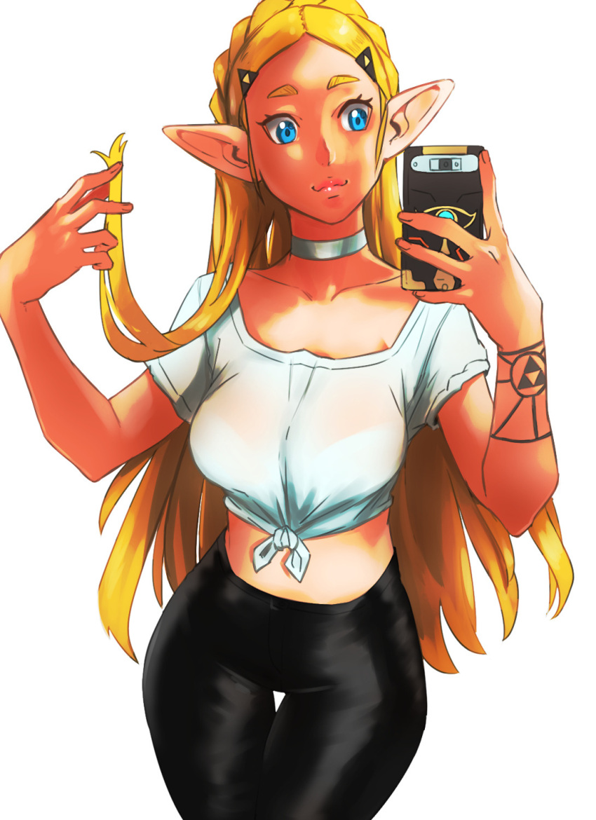 1girl alternate_universe black_pants blonde_hair blue_eyes breasts casual cellphone choker highres imdsound long_hair medium_breasts midriff pants phone pointy_ears princess_zelda shirt smartphone smile solo the_legend_of_zelda the_legend_of_zelda:_breath_of_the_wild thigh_gap tied_shirt