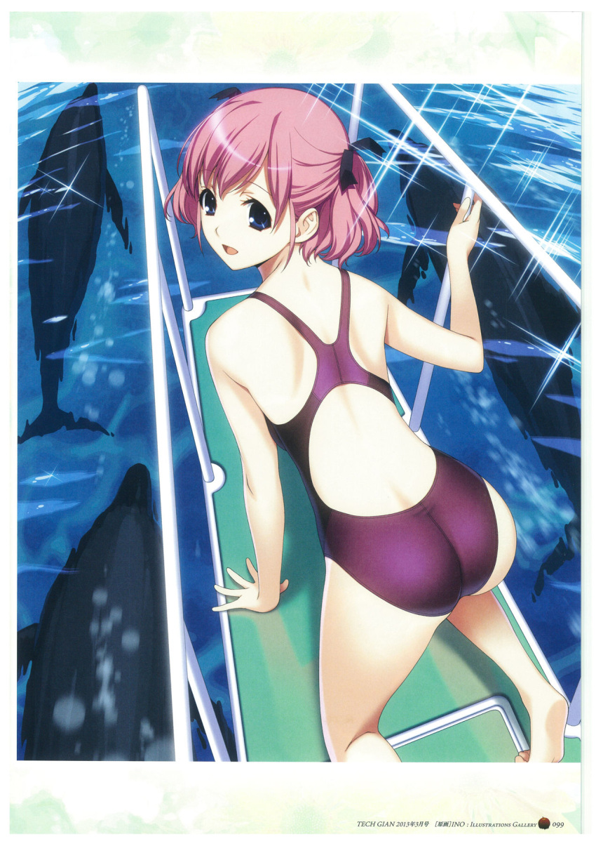 1girl :d all_fours ass barefoot black_ribbon black_swimsuit blue_eyes competition_swimsuit day dolphin feet from_above girl grisaia_(series) hair_ribbon highres komine_sachi looking_at_viewer looking_back one-piece_swimsuit open_mouth outdoors page_number pink_hair ribbon scan short_twintails smile solo sparkle swimsuit twintails watanabe_akio water