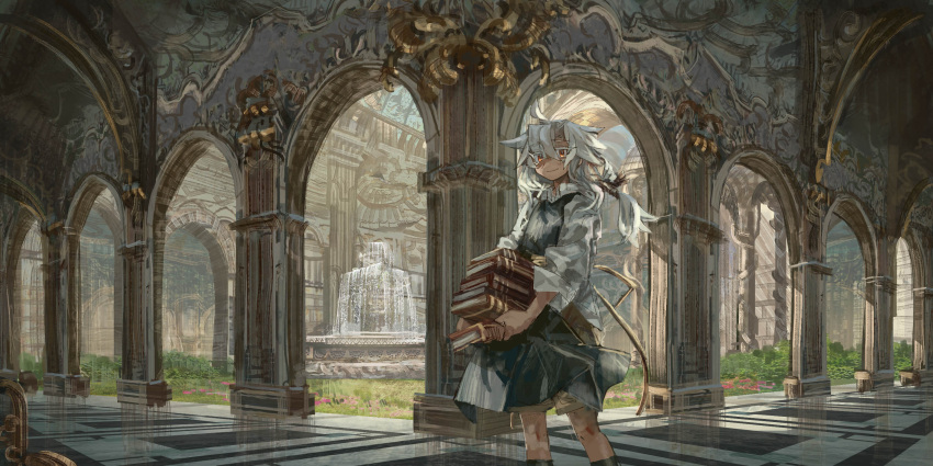 1girl ahoge book_stack carrying column fountain highres july_(shichigatsu) kneehighs original pillar red_eyes shorts sleeves_folded_up smile solo tied_hair white_hair