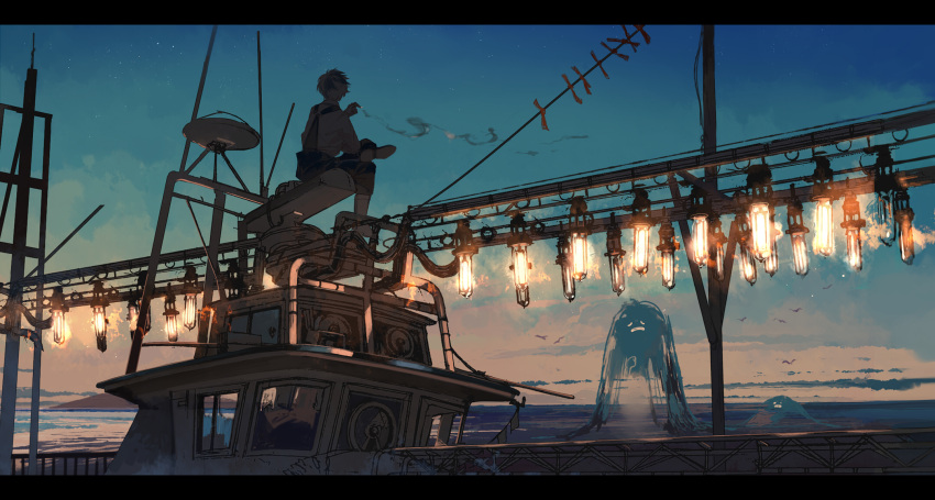 1boy black_pants boat boots cigarette clouds creature from_behind grey_hair highres holding kukka lights original outdoors pants shirt short_hair sitting sky smoke sunset water watercraft white_shirt wind