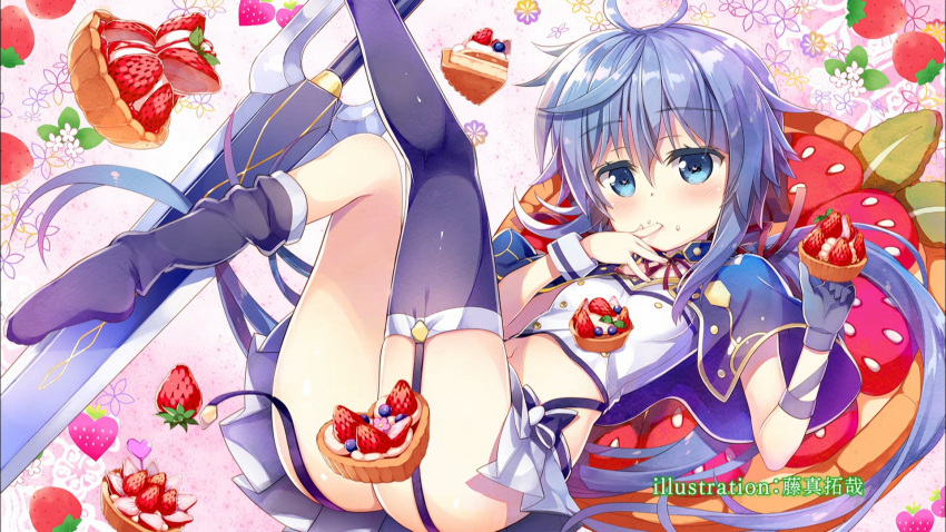 1girl artist_named asymmetrical_gloves black_legwear blue_eyes blue_gloves blue_hair blush breasts capelet cream cream_on_face crop_top end_card eyebrows_visible_through_hair finger_to_mouth food food_on_face fujima_takuya garter_straps gloves hair_between_eyes highres long_hair midriff miniskirt navel official_art pleated_skirt ponytail rokudenashi_majutsu_koushi_to_akashic_record ryiel_rayford skirt small_breasts solo stomach thigh-highs very_long_hair white_skirt wrist_cuffs