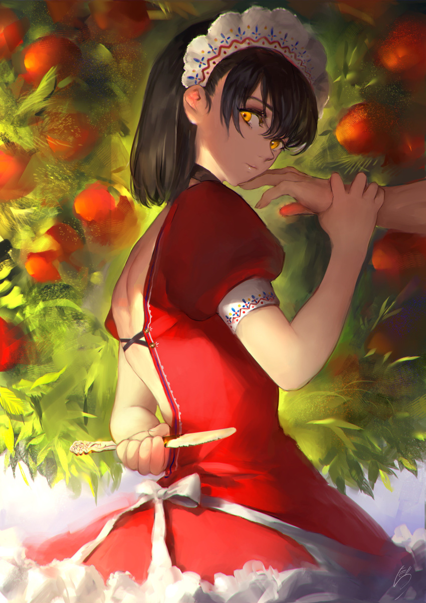 1boy 1girl absurdres bare_back black_choker black_hair choker closed_mouth disembodied_limb dress highres hojiro_(piko519) holding holding_knife knife looking_at_viewer nose red_dress short_hair short_sleeves solo tree yellow_eyes