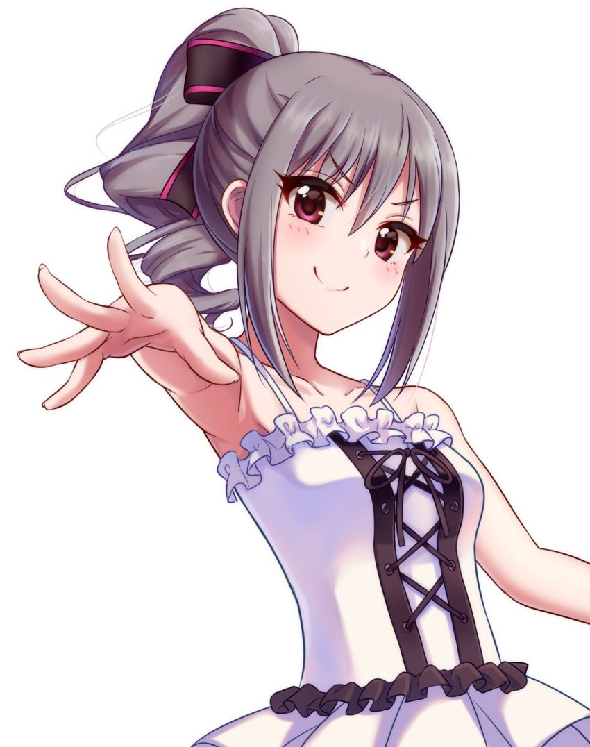 1girl alternate_hairstyle armpits bare_arms bare_shoulders dress drill_hair highres idolmaster idolmaster_cinderella_girls kanzaki_ranko looking_at_viewer outstretched_arm outstretched_hand ponytail rariemonn red_eyes silver_hair sleeveless sleeveless_dress smile solo white_dress