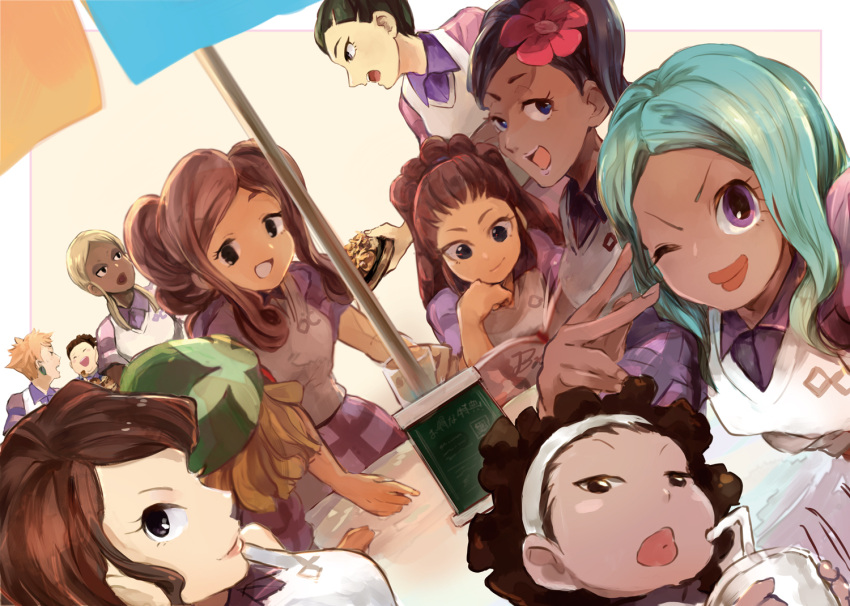 6+girls aqua_hair black_eyes blonde_hair brown_hair closed_eyes dark_skin dosu_koi dutch_angle earrings everyone food hori_michiko inazuma_eleven inazuma_eleven_(series) itsumi_haruki jewelry kushida_katsuyo lips looking_at_viewer midou_reika multiple_girls namikawa_hanako one_eye_closed oosaka_gals open_mouth short_hair sidelocks soccer_uniform sportswear takoya_noriko takoyaki tennouji_mari torahama_kouko umeda_harumi urabe_rika violet_eyes yorozu_hiromi