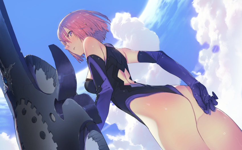 1girl a'j ass bare_shoulders clouds elbow_gloves fate/grand_order fate_(series) from_below gloves lavender_eyes lavender_hair leotard looking_at_viewer looking_back parted_lips shield shielder_(fate/grand_order) short_hair sky solo thighs thong_leotard