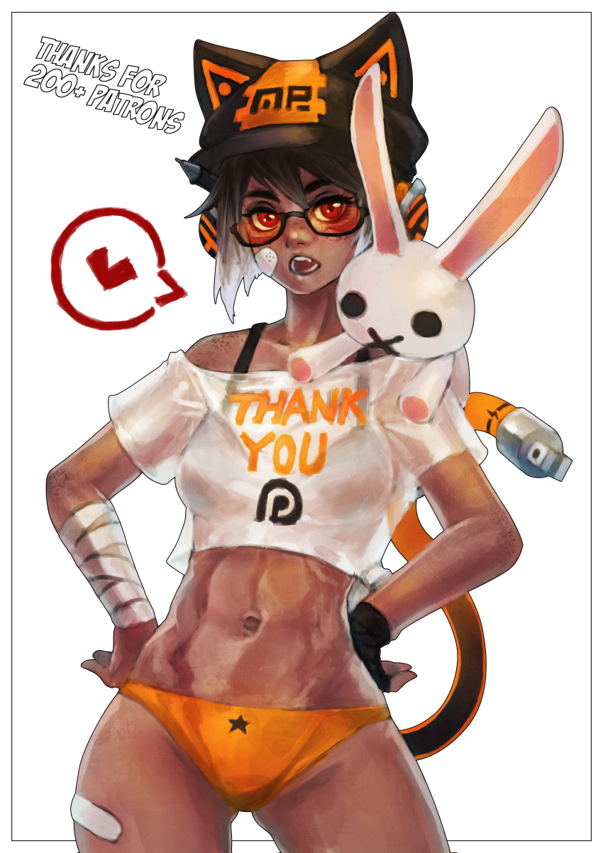 1girl absurdres animal_hat bandaid_on_leg bangs black-framed_eyewear black_bra black_gloves black_hair bra breasts cat_hat cat_tail contrapposto cowboy_shot crop_top fang freckles glasses gloves gluteal_fold hair_between_eyes hands_on_hips hat heart highres looking_at_viewer mechanical_tail medium_breasts monori_rogue navel nose off-shoulder_shirt open_mouth orange_panties panties patreon_logo red_eyes see-through shirt short_hair short_sleeves simple_background single_glove solo spoken_heart star star_panties star_print stomach stuffed_animal stuffed_bunny stuffed_toy tail teeth thank_you toned underwear white_background white_shirt