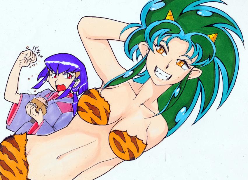 2girls :d animal_print bikini breasts cleavage cosplay green_hair grin highres horns large_breasts long_hair lum lum_(cosplay) mamemaki masaki_aeka_jurai masu midriff multiple_girls navel oni_horns open_mouth osaka_hanayukiko purple_hair red_eyes ryouko_(tenchi_muyou!) setsubun smile spiky_hair swimsuit tenchi_muyou! tiger_print traditional_media urusei_yatsura yellow_eyes