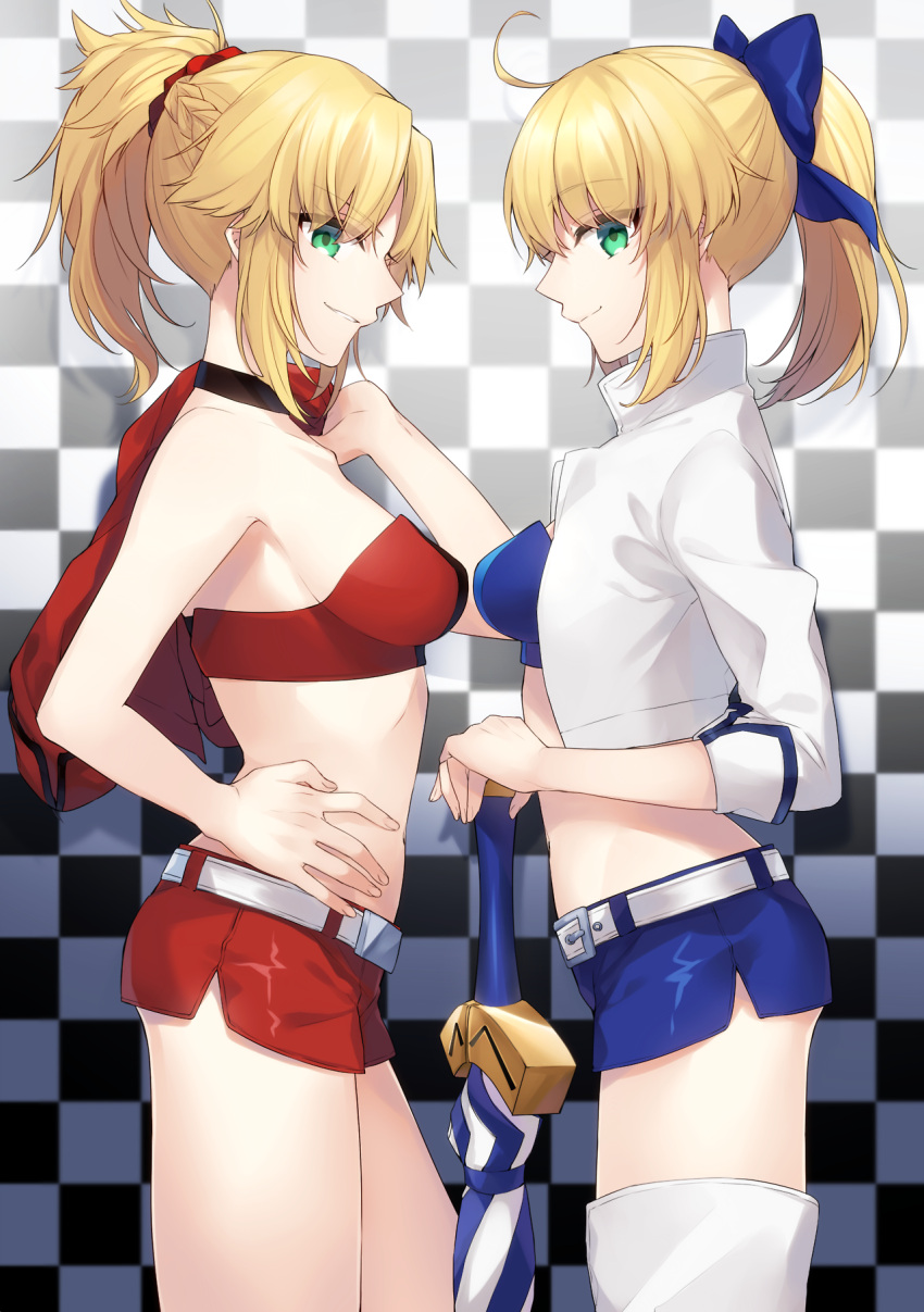2girls ahoge bare_shoulders blonde_hair bow breasts checkered checkered_background citron_82 closed_umbrella excalibur eyebrows_visible_through_hair fate/apocrypha fate/grand_order fate/stay_night fate_(series) green_eyes hair_bow highres long_hair looking_at_viewer medium_breasts multiple_girls parted_lips ponytail profile racequeen saber saber_of_red short_shorts shorts smile standing umbrella