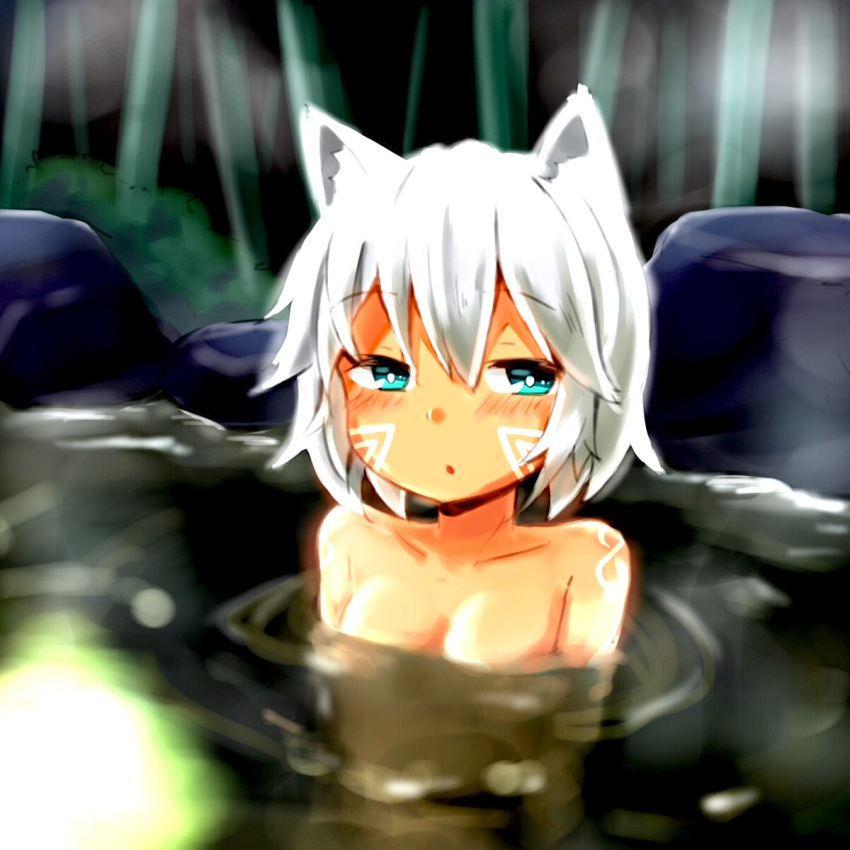 1girl :o animal_ears aqua_eyes arms_at_sides bangs bathing blush bodypaint breasts bush cleavage collarbone commentary_request dark_skin eyebrows_visible_through_hair eyes_visible_through_hair hair_between_eyes highres looking_at_viewer nude onsen open_mouth outdoors parted_bangs partially_submerged puzzle_&amp;_dragons raised_eyebrows ripples rock short_hair small_breasts solo sopdet_(p&amp;d) steam water white_hair