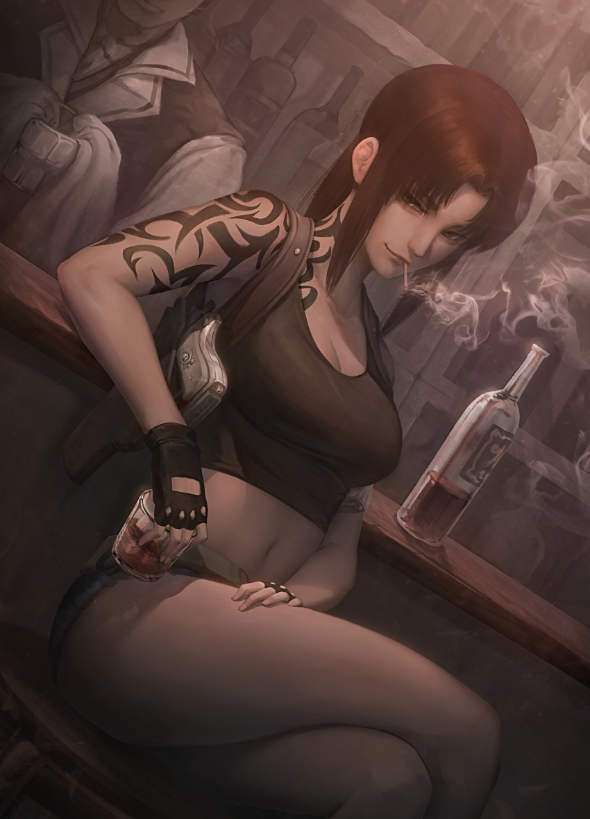 1boy 1girl absurdres alcohol bar bartender black_gloves black_lagoon black_shirt blue_shorts bottle breasts brown_eyes brown_hair cigarette cleavage closed_mouth crop_top cup denim denim_shorts faceless faceless_male fingerless_gloves gloves gun handgun highres holding holding_cup indoors large_breasts lips looking_at_viewer navel nose peachpa pistol revy_(black_lagoon) shirt short_hair shorts sitting smirk smoke smoking smug solo_focus tank_top tattoo weapon whiskey