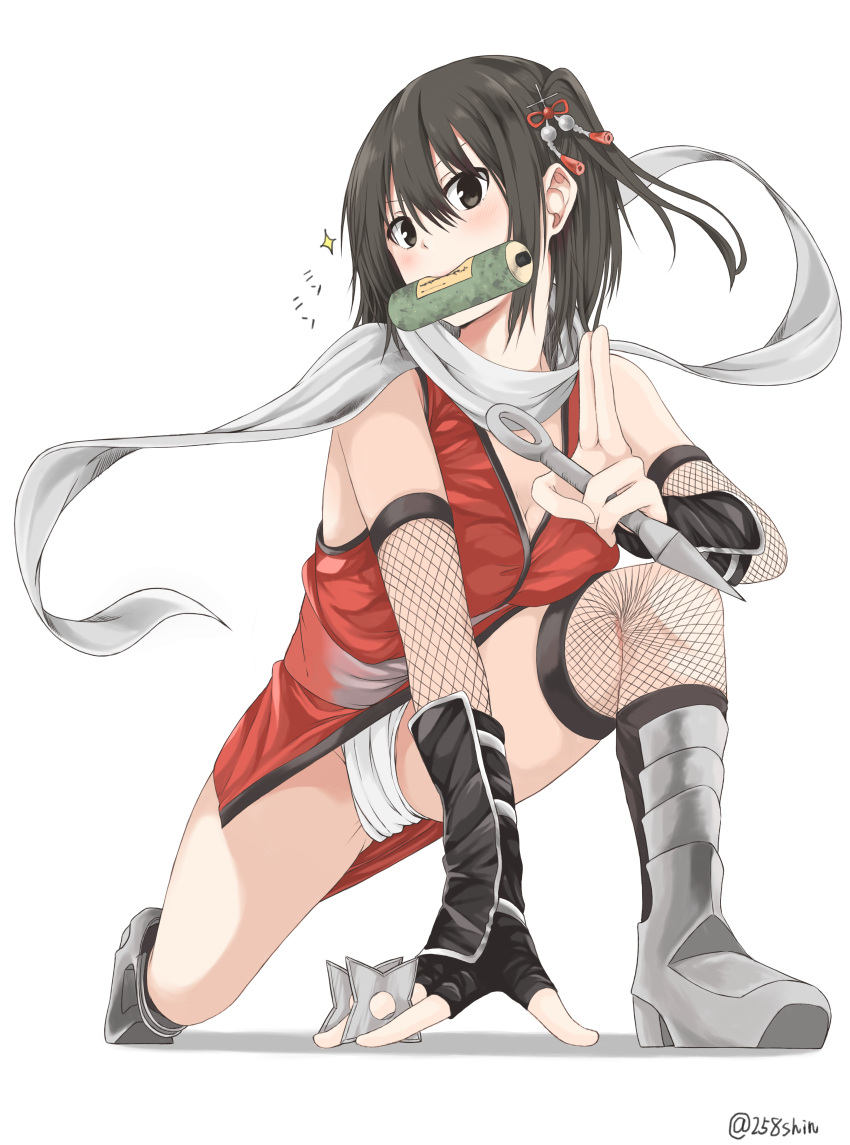 1girl absurdres amu_(258shin) arm_support bangs black_eyes black_gloves black_hair blush boots breasts commentary dress fingerless_gloves fishnets full_body fundoshi gloves hair_ornament head_tilt highres holding holding_weapon japanese_clothes kantai_collection kunai large_breasts mouth_hold ninja pose red_dress scarf scroll sendai_(kantai_collection) shadow shuriken simple_background sleeveless sleeveless_dress solo twitter_username two_side_up weapon white_background white_scarf