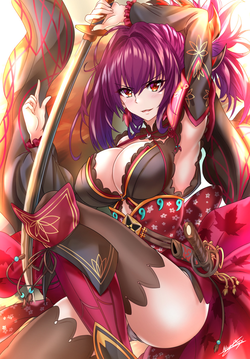 1girl absurdres arm_up armpits bangs blush breasts cleavage cosplay fate/grand_order fate_(series) hair_between_eyes highres holding holding_sword holding_weapon japanese_clothes katana kimono large_breasts long_hair looking_at_viewer magatama miyamoto_musashi_(fate/grand_order) miyamoto_musashi_(fate/grand_order)_(cosplay) nez-kun obi purple_hair red_eyes sash scathach_(fate/grand_order) short_kimono smile solo sword thigh-highs weapon