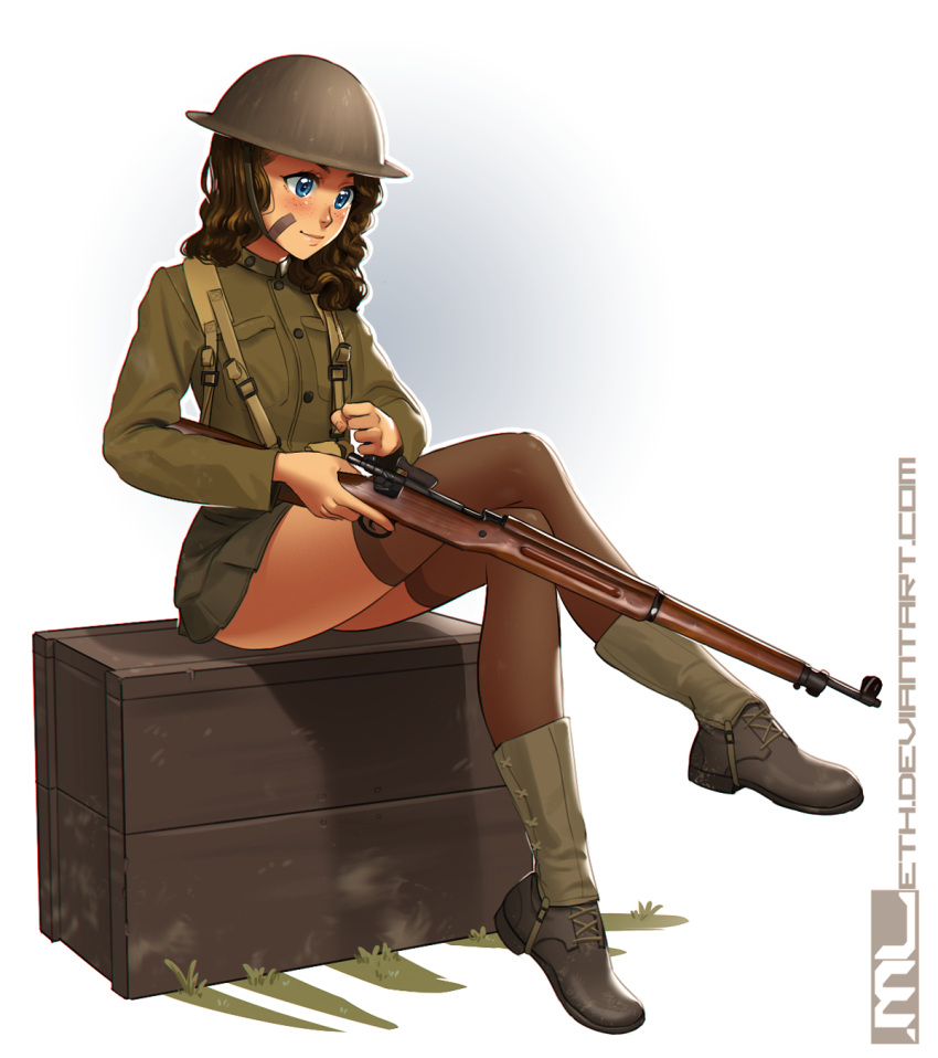 1girl artist_name badge bandaid bandaid_on_face black_legwear blue_eyes blush boots box british_army brooke_(mleth) brown_boots brown_hair button_badge closed_mouth crate deviantart_username full_body gun hat highres long_hair long_sleeves m1917 military military_hat military_uniform miniskirt mleth on_box original rifle simple_background sitting skirt solo thigh-highs uniform watermark weapon web_address white_background