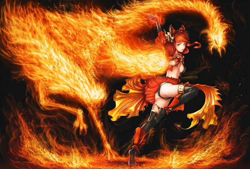 1girl animal_ears anthuria ass bird black_legwear black_panties breasts detached_sleeves dress elbow_gloves erun_(granblue_fantasy) fire gloves granblue_fantasy hair_ornament long_hair looking_at_viewer looking_back medium_breasts panties phoenix red_dress red_eyes redhead short_dress sideboob single_elbow_glove solo suguru_tenkyoh thigh-highs underwear