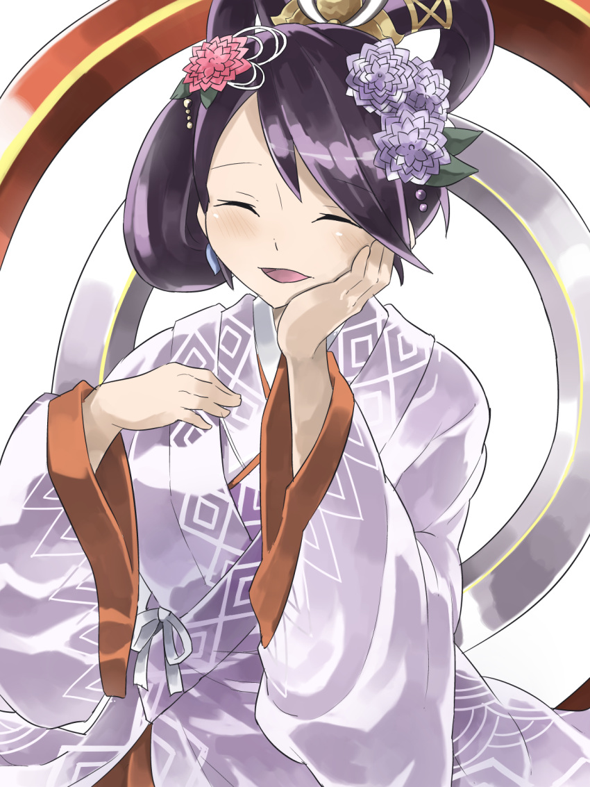 1girl beads commentary_request eyebrows_visible_through_hair facing_viewer hair_ornament hand_on_own_cheek hand_on_own_chest hands_up highres izanami_(p&amp;d) japanese_clothes kanzashi long_hair mosamune open_mouth purple_hair puzzle_&amp;_dragons solo wide_sleeves
