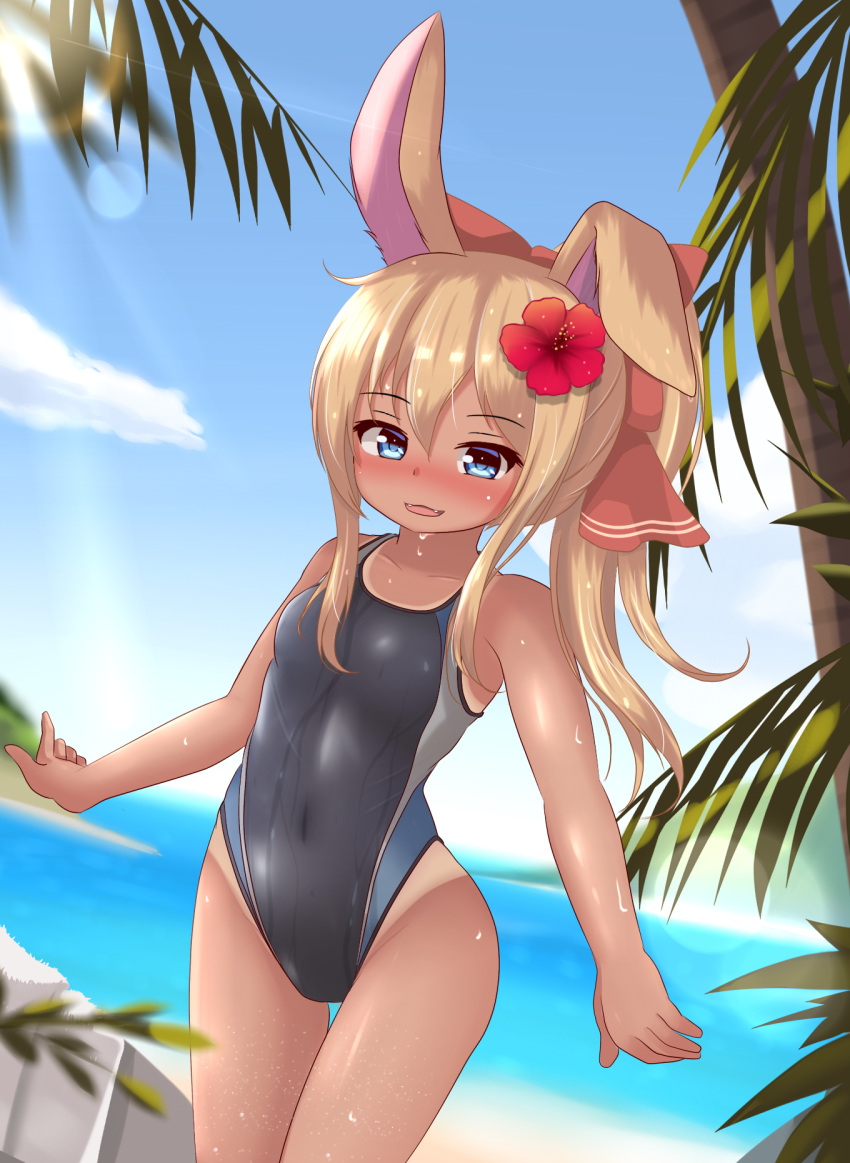 1girl animal_ears beach blonde_hair blue_eyes competition_swimsuit cowboy_shot day flower hair_flower hair_ornament hair_ribbon hibiscus highres hotel01 one-piece_swimsuit one-piece_tan original outdoors rabbit_ears red_ribbon ribbon short_hair solo swimsuit tan tanline thigh_gap tree wet
