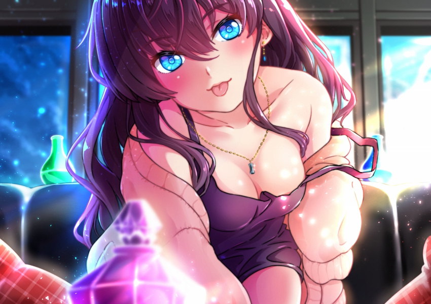 1girl :p bare_shoulders black_dress blue_eyes breasts brown_hair cleavage dress earrings head_tilt ichinose_shiki idolmaster idolmaster_cinderella_girls jewelry leaning_forward long_hair looking_at_viewer medium_breasts no_bra off_shoulder rusk_(canvas4ban) smile solo strap_slip sweater tongue tongue_out wavy_hair