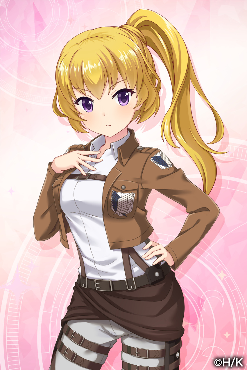 1girl absurdres alternative_girls blonde_hair breasts brown_jakcet cosplay cowboy_shot dress_shirt grey_pants hand_on_hip high_ponytail highres holster jacket long_hair medium_breasts military military_uniform mizushima_airi open_clothes open_jacket pants shingeki_no_kyojin shirt solo standing thigh_holster uniform violet_eyes white_shirt