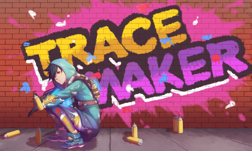 1girl alternate_costume black_hair brick_wall gloves graffiti graffiti_tracer highres hood hoodie looking_at_viewer nyasa overwatch solo spray_can squatting tracer_(overwatch) wall