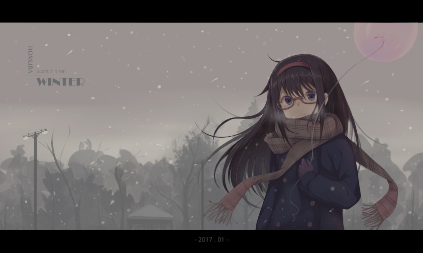 1girl absurdres akemi_homura balloon black_hair breath character_name coat dated glasses gloves hairband highres hzyang lamppost letterboxed long_hair looking_at_viewer mahou_shoujo_madoka_magica red-framed_eyewear red_hairband scarf semi-rimless_glasses sky snowing solo under-rim_glasses violet_eyes wind winter winter_clothes winter_coat
