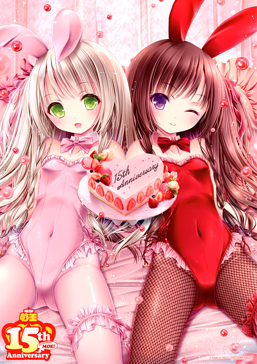 2girls :d ;) absurdres animal_ears blush bow bowtie breasts brown_hair bunnysuit cake choker collarbone covered_navel erect_nipples eyebrows_visible_through_hair fake_animal_ears fishnet_pantyhose fishnets food green_eyes groin hair_ornament head_tilt highleg highleg_leotard highres leotard long_hair looking_at_viewer multiple_girls one_eye_closed open_mouth original pantyhose pink_leotard rabbit_ears red_bow red_bowtie red_leotard silver_hair small_breasts smile strapless strapless_leotard thigh_strap tinker_bell very_long_hair violet_eyes