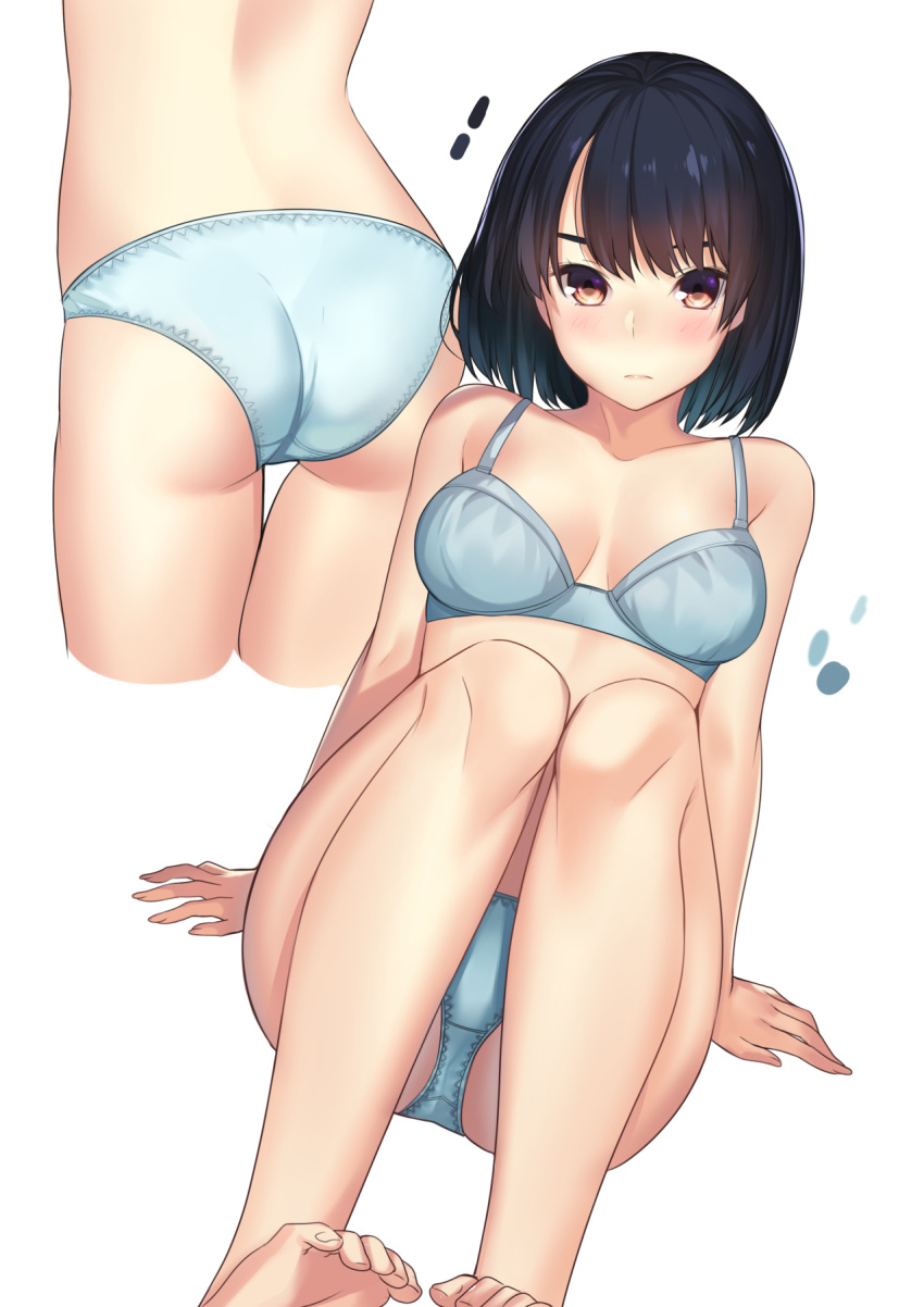 1girl arm_support ass barefoot black_hair blue_bra blue_panties blush bra breasts brown_eyes collarbone commentary_request feet highres kagematsuri knees_touching leaning_back looking_at_viewer medium_breasts multiple_views original panties short_hair simple_background underwear underwear_only white_background