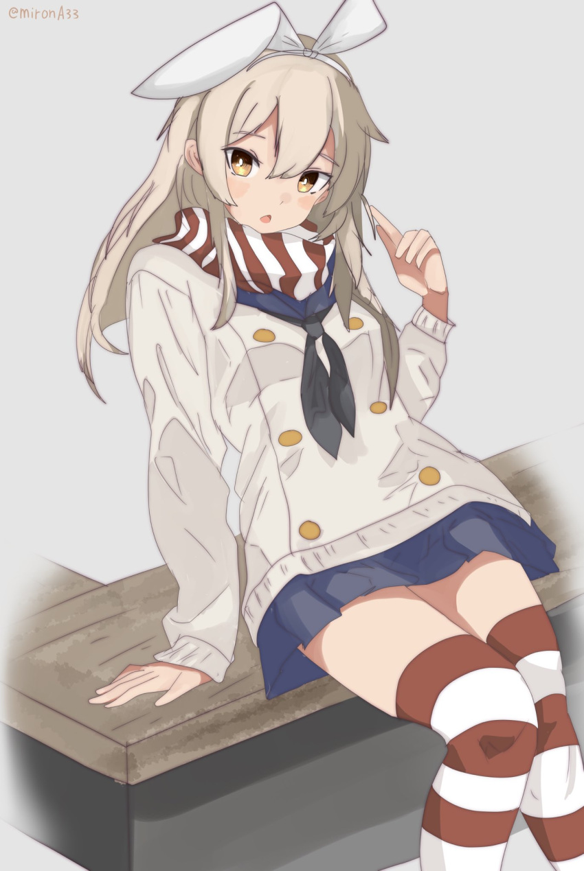 1girl adapted_costume bench black_neckerchief blonde_hair blue_sailor_collar blue_skirt brown_eyes cardigan commentary_request grey_background hairband highres kantai_collection long_hair looking_at_viewer microskirt miniskirt miron_(mirona33) neckerchief pleated_skirt sailor_collar scarf shimakaze_(kancolle) simple_background sitting skirt solo striped striped_scarf striped_thighhighs thigh-highs white_cardigan white_hairband
