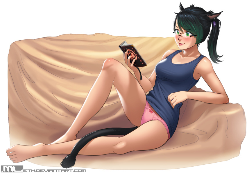 1girl animal_ears artist_name black_nails blue_shirt book borrowed_character breasts cat_ears cat_girl cat_tail closed_mouth commentary couch deviantart_username eyebrows_visible_through_hair fingernails glasses green_eyes green_hair holding holding_book knee_up medium_breasts mleth nail_polish on_couch open_book open_mouth original panties pink_panties ponytail reading shirt sitting tail tank_top tharkis underwear watermark web_address
