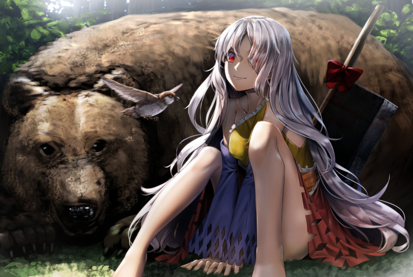 1girl bear bird bow commentary_request day detached_sleeves dress eyes_visible_through_hair hair_over_one_eye hatchet long_hair looking_at_viewer multicolored multicolored_clothes multicolored_dress oriental_hatchet outdoors red_bow red_eyes ryosios sakata_nemuno silver_hair single_strap sitting smile solo touhou v_arms very_long_hair wavy_hair weapon